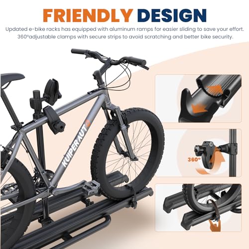 KUIPERAUTO Aluminum 2 EBikes Foldable 2'' Hitch Mounted Carrier Racks w/Ramps Over 200lbs Capacity for 3.35 inch Fat Tire Heavy Duty Universal E-Bike Racks for SUVs Cars Trucks RV 2-Inch Receiver