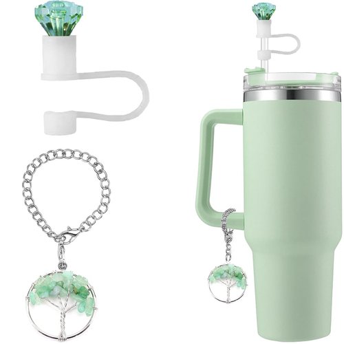 ESWEUOOM Green Straw Cover for Stanley Cup Accessories 40 oz 30 oz, Cute Straw Toppers for Tumbler, Life Tree Charms for Stanley,10mm 0.4in Straw Covers Cap Lids,Water Cup Pendant for Handle Chain