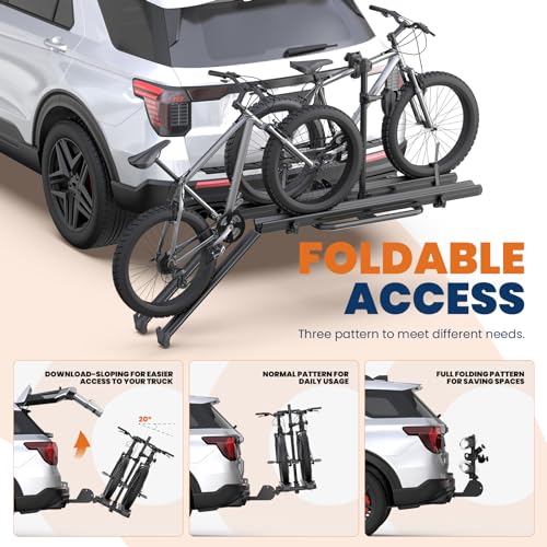 KUIPERAUTO Aluminum 2 EBikes Foldable 2'' Hitch Mounted Carrier Racks w/Ramps Over 200lbs Capacity for 3.35 inch Fat Tire Heavy Duty Universal E-Bike Racks for SUVs Cars Trucks RV 2-Inch Receiver