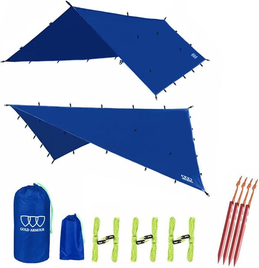 Gold Armour Rainfly Tarp Hammock, Premium 14.7ft/12ft/10ft/8ft Rain Fly Cover, Waterproof Ultralight Camping Shelter Canopy, Survival Equipment Gear Camping Tent Accessories (Blue 12ft x 10ft)