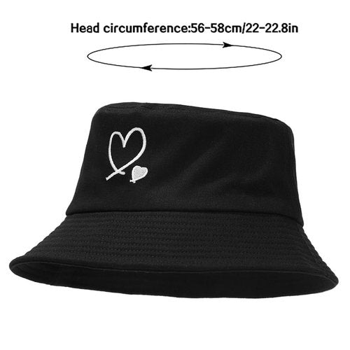 XYIYI Double Heart Black Fashion Embroidery Bucket Hat Cotton Beach Fisherman Hats for Women Girls