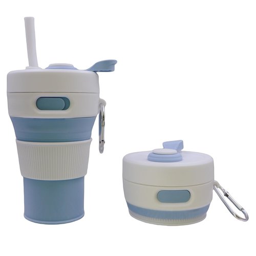 Blue 15OZ/450ML Silicone Foldable Travel Cup Car Coffee Cup Backpack with Lid Hot and Cold Coffee Cups with Straw Leak proof Reusable Suitable for Travel Camping Hiking Work Portable Coffee Cups