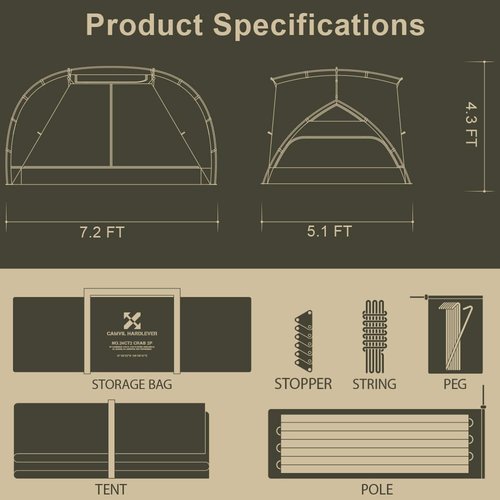 CAMVIL Crab 2 Person Double Layer Black Canvas Cotton Tent, Portable Breathable Easy Set Up Backpacking Tent (Green)