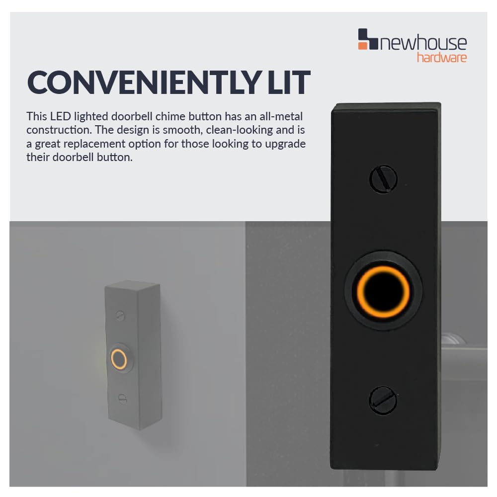 Newhouse Hardware Rectangular Lighted Wired Metal Doorbell Button in Black BT6BL, for Doorbell Chime, Buzzer, or Ringer, Door Bell Button Only, Buzzer Button with LED Button Light