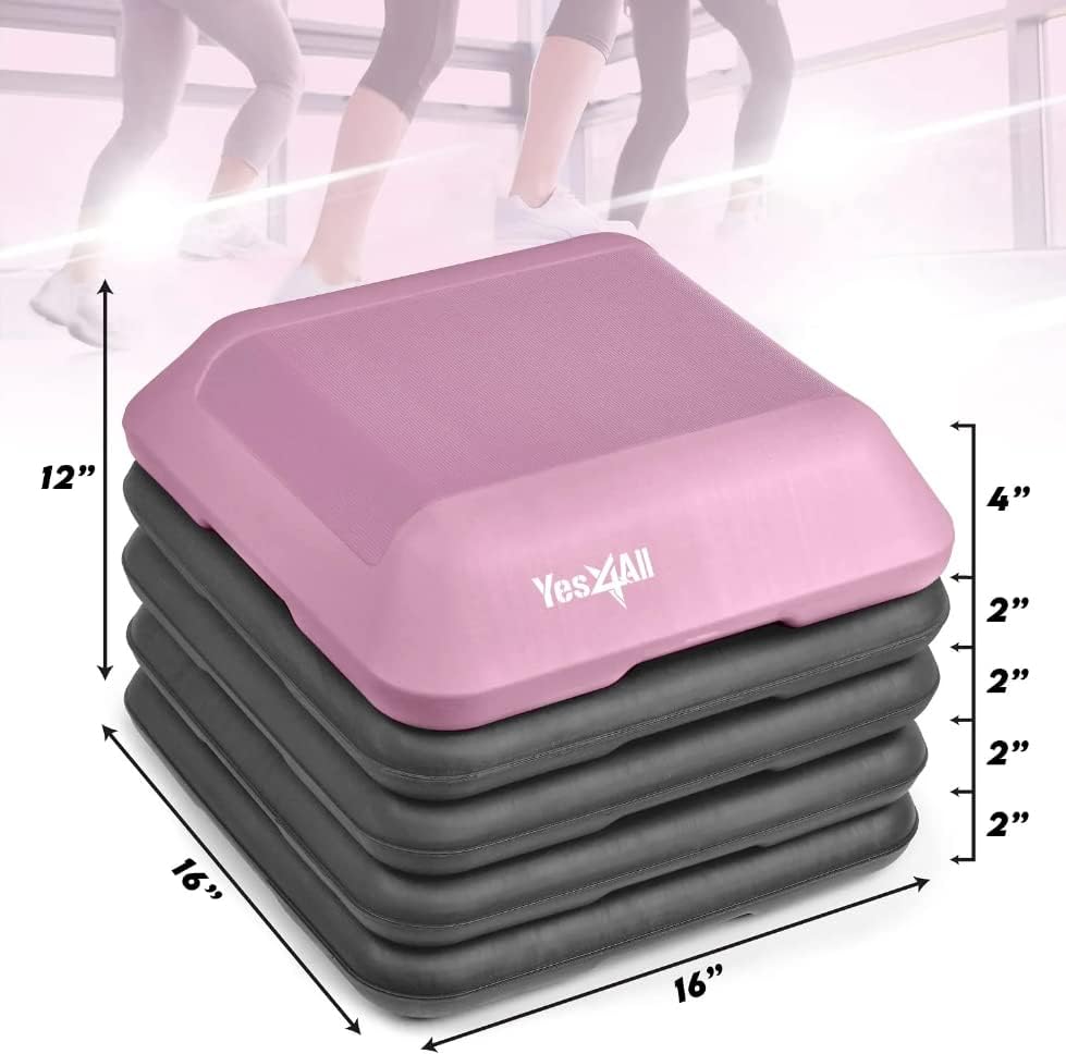 Yes4All 16"x16" Adjustable High Step Aerobic Platform with 4 Risers, Height-Adjustable 4"-6''-8''-10''-12" Step Aerobics Platform for Home Gym Exercise Fitness Workout