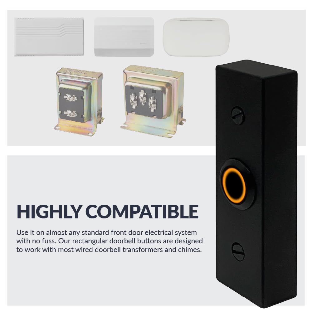 Newhouse Hardware Rectangular Lighted Wired Metal Doorbell Button in Black BT6BL, for Doorbell Chime, Buzzer, or Ringer, Door Bell Button Only, Buzzer Button with LED Button Light