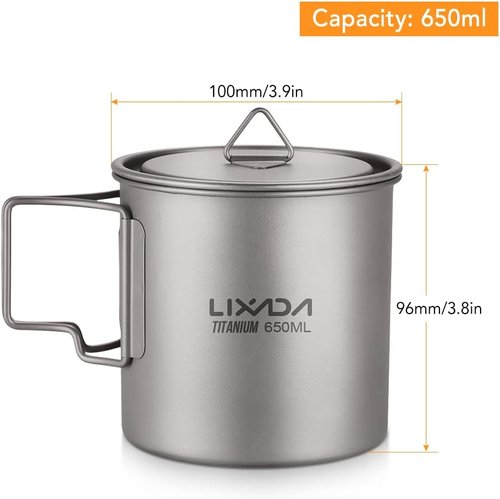 Lixada Titanium Pot, Lightweight Camping Pot Titanium Cup Titanium Backpacking Pot with Portable Foldable Handles for Outdoor Camping Hiking Backpacking