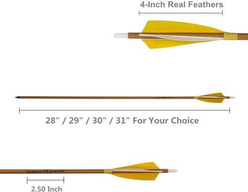 Letszhu Archery Carbon Arrows 500 Spine with Helical Real Feathers and Removable Tips for Compound Recurve Bow (6 Pack)