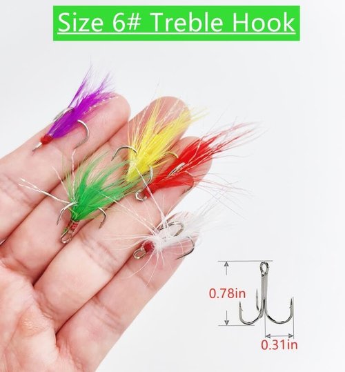Fishing Treble Hooks Feather Hook: Dressed Fishing Hooks Set with Split Rings for Making Fishing Lure