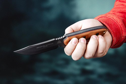 Tops Knives Shadow Hunter Full Tang Fixed Blade- Coyote Tan Kydex Sheath w/Rotating Spring Steel (Tan Canvas/Black Canvas Micarta Handle)
