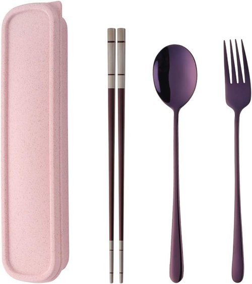 Do Buy Stainless Steel Fork Spoon Chopsticks with a Durable Case for Home Outdoor Camping Traveling Hiking, Purple
