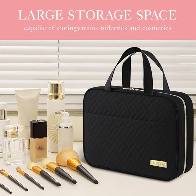 HOTOR Travel Toiletry Bag w/Hanging Hook - Spacious Toiletry Bag Essentials for Women & Men, Makeup Bag/Big Comparment, Waterproof for Travel Accessories, Large, Black
