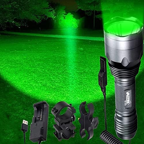 VASTFIRE 350 Yard LED Green Flashlight Kit - Hog Predator Long Range Night Hunting Light - Dual Pressure Switch - Barrel Scope Mounts (1 Rail, 1 Scope) - 2 Rechargeable Batteries
