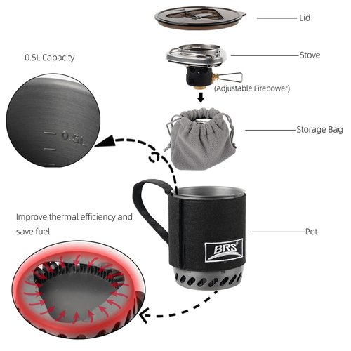 Backpacking and Camping Gas Stove System 0.5L Outdoor Integrated Heat Collecting Pot Jet Burner Set