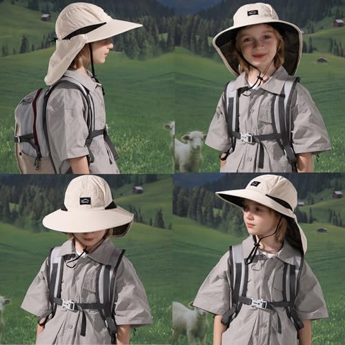 ZOORON Kids Sun Hat with Neck Flap UPF 50+ UV Protection Wide Brim Breathable Fishing Safari Beach Summer Hat for Boys Grils Beige
