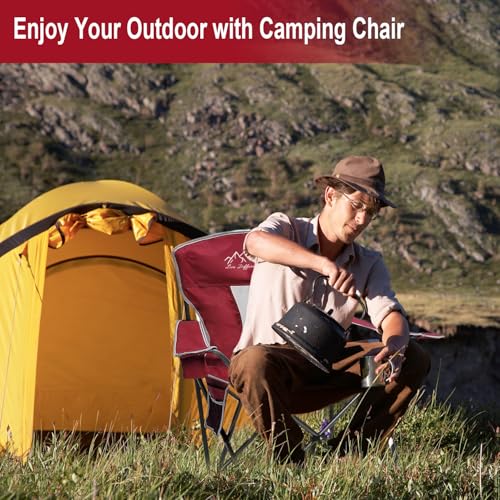 SAILARY 2PCS Collapsible Folding Camping Chairs Heavy Duty Lawn Foldable Chair with Cooler Bag, Storage Pocket, Waterproof Bag Outdoor Arm Sport Chair, Supports 325LBS, Red