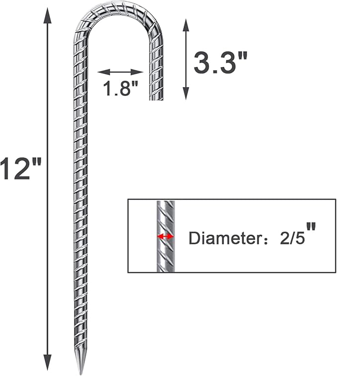 Rebar Stakes 12 Inch 10 Pack Tent Stakes Heavy Duty Metal J Hook, Fence Stakes for Trampoline, Fence, Camping Tent (10, 12")