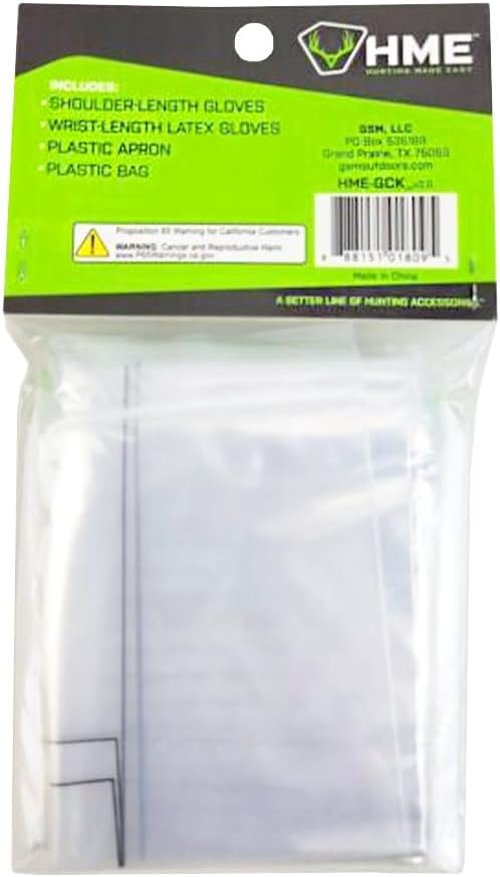 HME Game Cleaning Kit for Field Dressing, Skinning, Processing & Gutting Shoulder-Length Gloves, Wrist-Length Latex Gloves, Plastic Apron & Plastic Bag