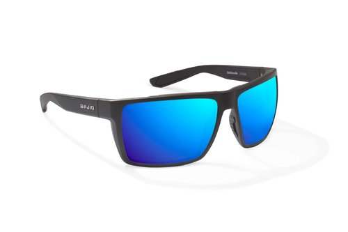 Bajio Stiltsville Polarized Sunglasses – Matte Black Frame, Blue Mirror Glass Lens, Oversized Rectangular Wrap
