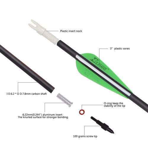 Archery Bow Carbon Arrow Hunting Target Practice Arrows 28 Inch with Removable Tips for Compound & Recurve Bow Spine 500 6PCS Pack