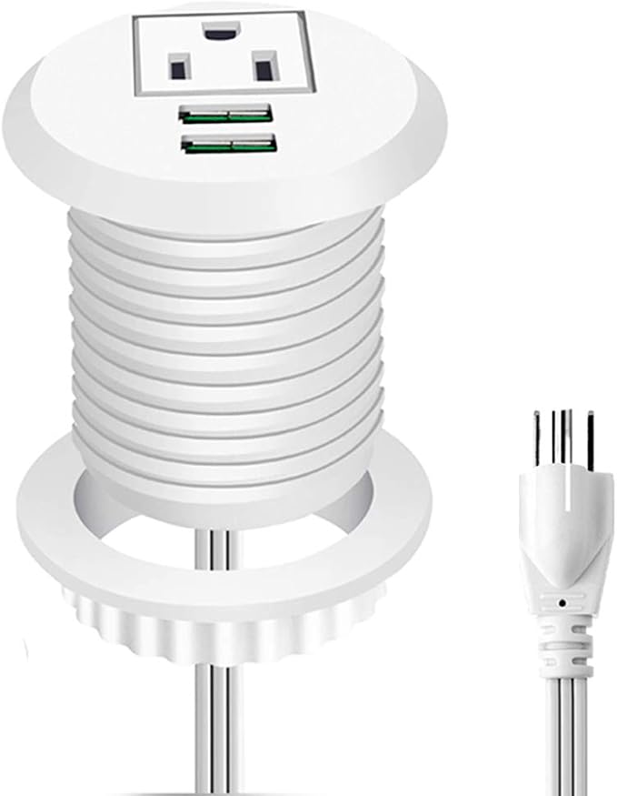 Desktop Power Grommet,Desk Grommet Outlet 2 inch Hole,Power Grommet with USB, Easy Access to 1 power Source Along with 2 USB Power Port Connections(white)