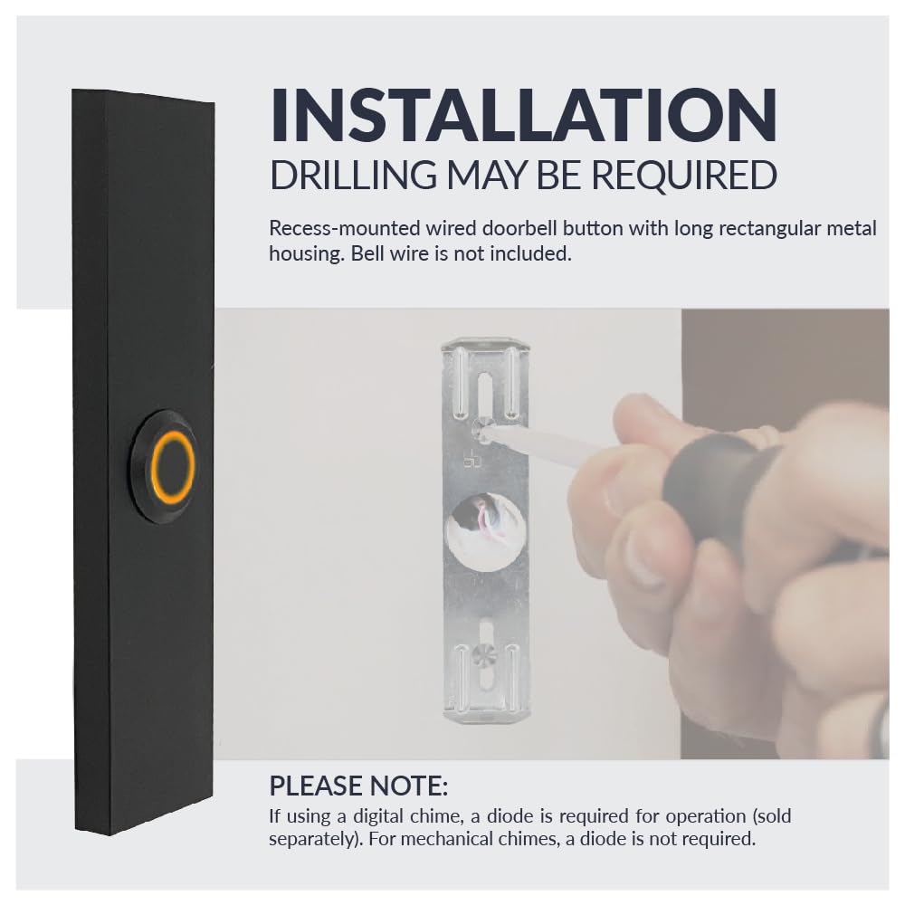 Newhouse Hardware Rectangular Lighted Wired Metal Doorbell Button in Black BT6BL, for Doorbell Chime, Buzzer, or Ringer, Door Bell Button Only, Buzzer Button with LED Button Light