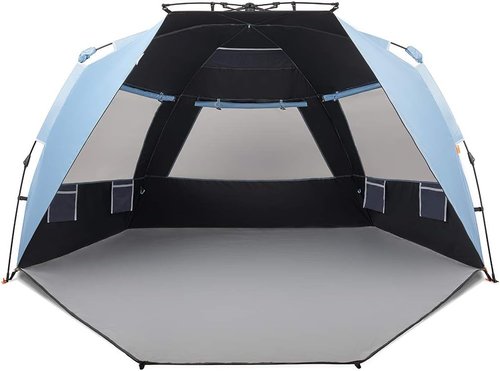 Easthills Outdoors Instant Shader Enhanced Deluxe XL Beach Tent Easy Set Up 4-6 Person Popup Sun Shelter 99" Wide for Family UPF 50+ Double Silver Coating with Extended Zippered Floor Pacific Blue