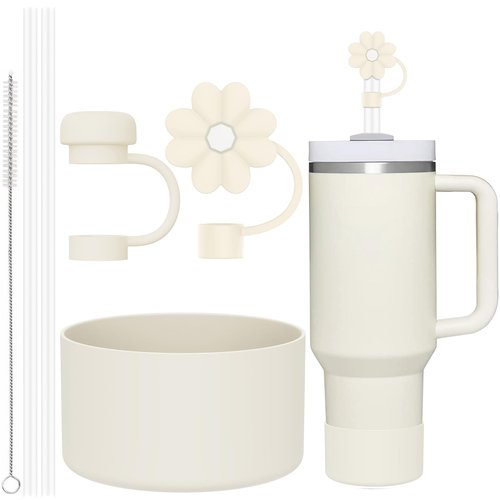 CHEETAH 6 Pcs Accessories for Stanley Cup 20-40oz,2 Straw Covers,2 Replacement Straws,1 Straw Brush,1 Boot Included, SIlicone Straw Cover Caps Topper (Cream)