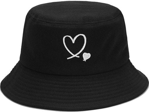 XYIYI Double Heart Black Fashion Embroidery Bucket Hat Cotton Beach Fisherman Hats for Women Girls