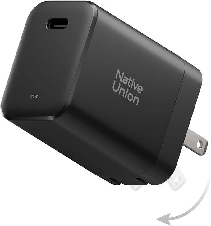 Native Union Fast GaN Charger PD 45W – Ultra-Compact Power Delivery Enabled USB-C – Made of Recycled Materials – for MacBook Air, iPads, iPhones, Pixel, Galaxy & Other USB-C Devices (Black)