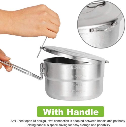 Stainless Steel Camping Cook Pot - 1.5L Camping Cookware with Lid and Folding Handle,Large Capacity Bento Pot for Camping, Hiking, Picnic