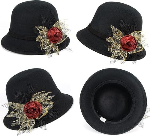 Women's Classic 1920's Wool-Cloche-Hat Vintage Bowler-Hat Cloche-Bucket-Cap with Rose Bow