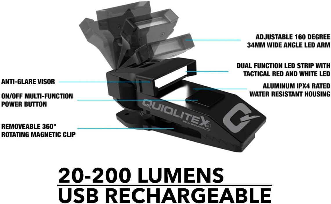 QUIQLITEX2 Tactical Red/White Hands-Free LED Pocket Light, 20-200 Lumens, Aluminum Housing (USB Rechargeable)