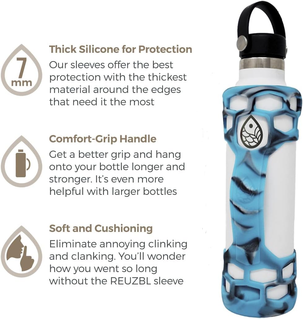 REUZBL Silicone Boot Sleeve Protector with Handle – Compatible with Hydro Flask 40oz, 32oz, 24oz, 21oz – Protective Bottle Bumper for Stainless Steel Water Bottles