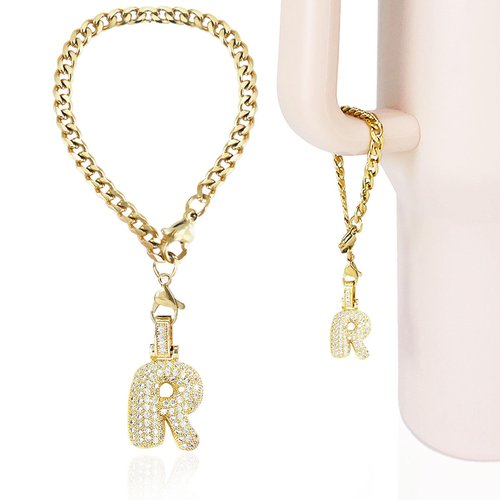 LUHOHI Cup Charms for Stanley Handle- Bubble Letter Charms Accessories for Stanley 40 Oz Tumblers Cute Fat Initial Keychain with Diamond Glitter Jewelry Personalized Water Bottle Decorations R
