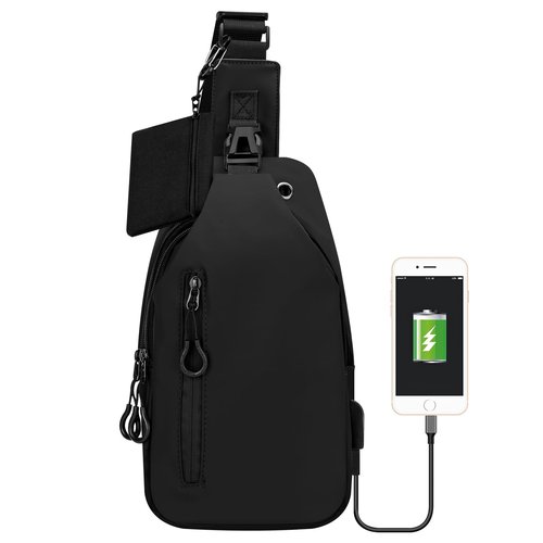 HOTEMIA Waterproof Sling Backpack for Men & Women, Small Crossbody Bag with USB Charging Port, Chest Bag, Fanny Pack for Hiking, Travel, and Outdoor Activities (B-Black)