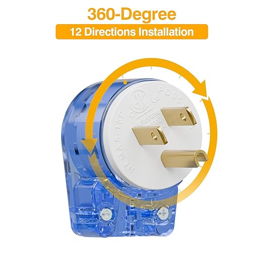 Transparent Blue ETL Verified Nema 5-15P 90 Degree Right Angle Plug - 3-Prong Household 15A 125V AC Plug