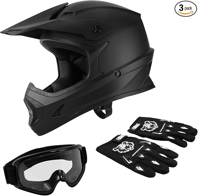 TCT-MOTORPARTS DOT Youth Kids Motocross ATV Full Face Helmets for Offroad Street Dirt Bike Go-Kart BMX MX Matte Black Large