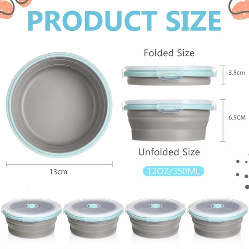 Suclain 4 Pcs Camping Bowl with Lid Collapsible Silicone Lunch Box Salad Bowl Expandable Food Storage Container Folding Travel Container for Hiking Camping(Blue Rim Gray,12 oz)