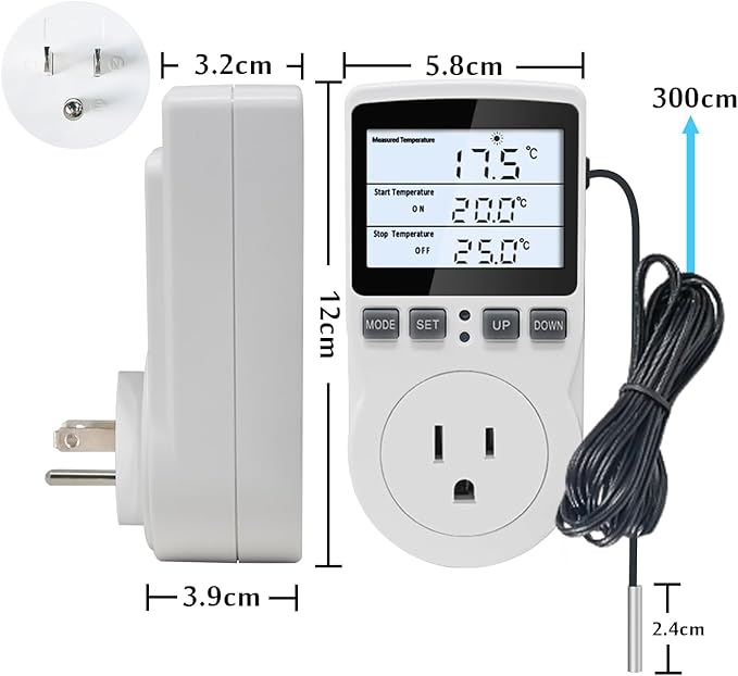 KT3100BL Digital Temperature Controller Outlet Socket VA LCD Display Plug in Thermostat 15A 120V Output with Blue Backlight 3m Temperature Sensor