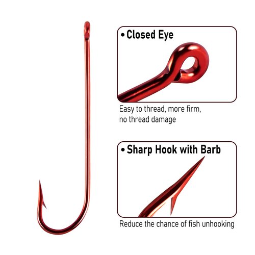 Dr.Fish 100 Pack Aberdeen Hooks Red Freshwater Fishing Hooks Extra Long Shank Light Wire Offset Bass Crappie Bream Panfish Bluegill #6