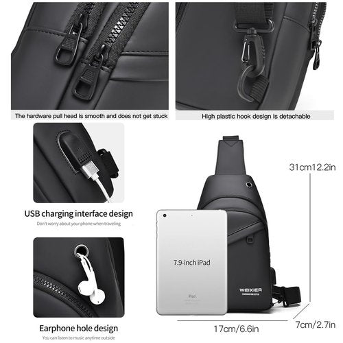 Hjkiopc Waterproof Sling Bags Mens Shoulder Crossbody Backpack with USB Charging Port& Headphone,Outdoor Lightweight Bag