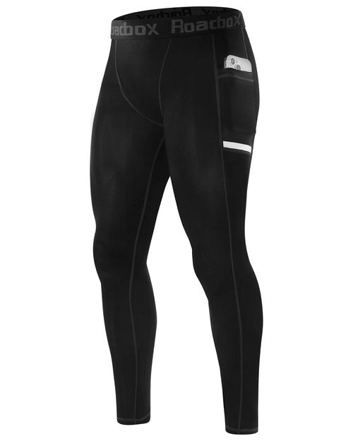 Roadbox Men's Compression Pants Running Tights with Pockets Athletic Leggings Base Layer for Workout Basketball Cycling Sport