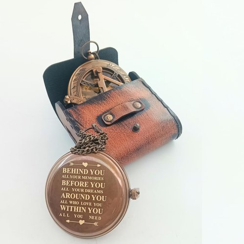 BEHINDE You Engraved Sundial Compass with Leather Case. Personalized Brass Pocket Compass Gifts for Men, Him, Son