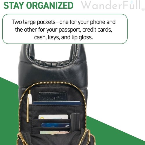 WanderFull® Original HydroBag® Vegan Leather, Fits Up to 32 oz Water Bottle Holder w/ 2 Straps, Hands-Free Crossbody Water Bottle Carrier Bag with Phone Pocket, Tumbler Accessories - Black