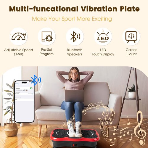 Vibration Plate Exercise Machine for Whole Body Workout - Home Fitness Vibrating Platform with Resistance Bands - Improve Circulation, Muscle Tone & Bone Density - Supports Up to 330 lbs（Red）