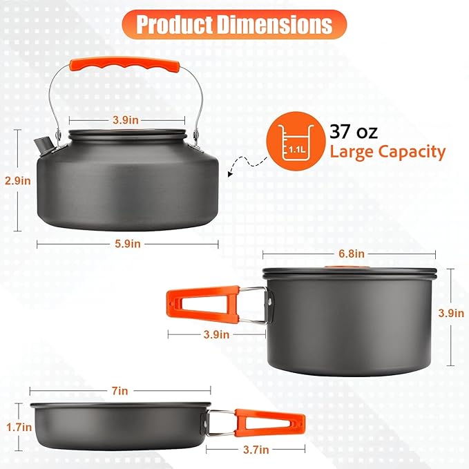 Camping Cookware Set, Non-Stick Lightweight Camping Pot and Pan Set with Stainless Steel Kettle Plates Spoon for Backpacking, Hiking, Outdoor Cooking and Picnic