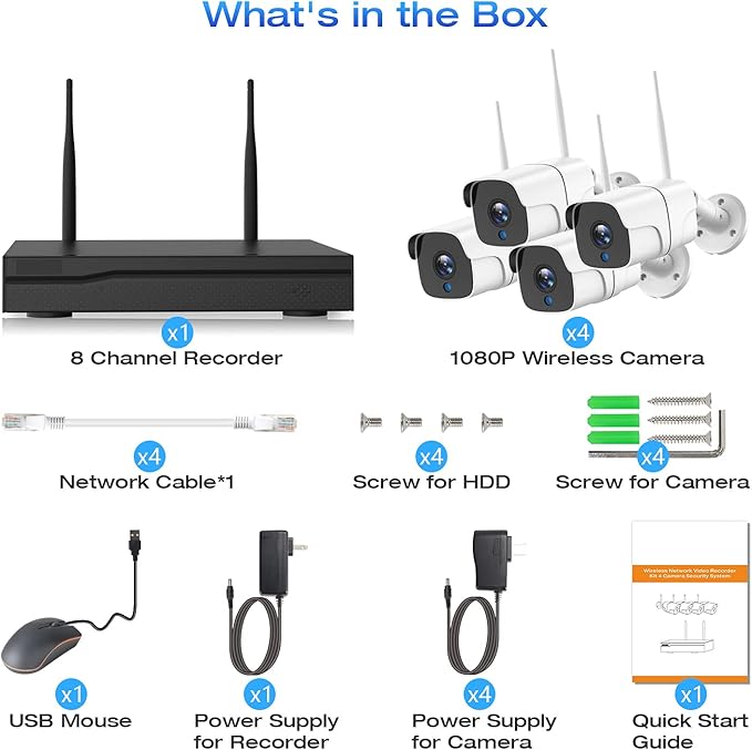 Wireless Security Camera System with 8CH 4K NVR (500GB HDD Pre-Installed) & 4X 2MP Night Vision WiFi Cameras - Expandable to 8 Cameras, Indoor/Outdoor Security, Motion Alerts, H.265+