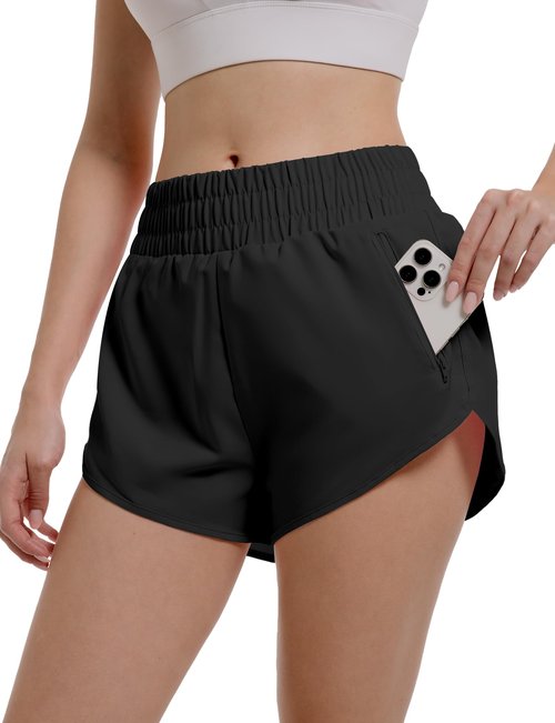 Womens Athletic Running Shorts Quick Dry Workout High Waisted Active Short with Zipper Pocket Sport Layer Gym Liner Elastic Lightweight Yoga Soft Split Leg Casual Walking Outfits Fall Black