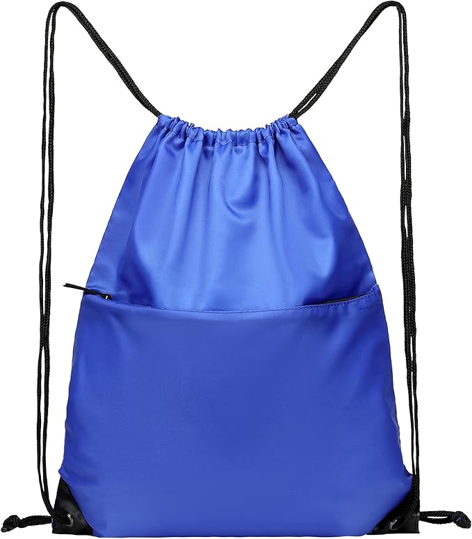 BuyAgain Drawstring Backpack Sports Water Resistant String Bag Sport Gym Sackpack for Women Men Large with Zipper, Royal